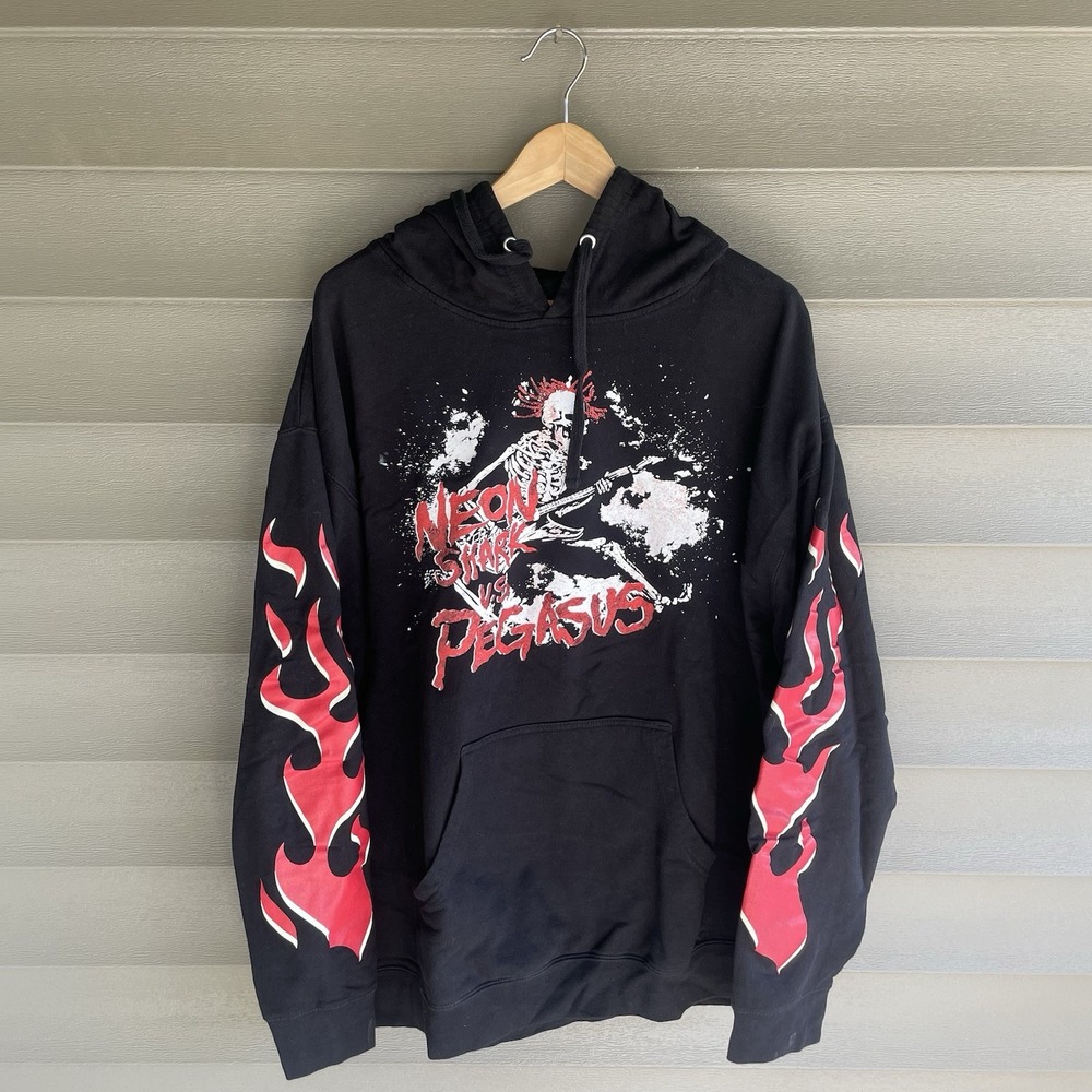 Neon Shark vs Pegasus Black Graphic Hoodie Red Flame Sleeves Size XL